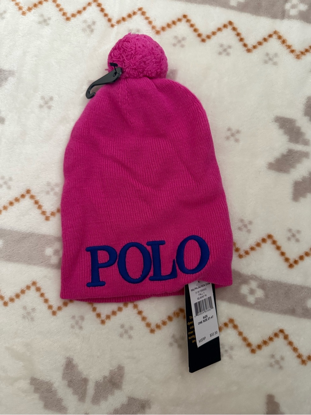 Little Girls' Polo by Ralph Lauren Hot Pink Pom Beanie Hat 2T-4T 🩷✨